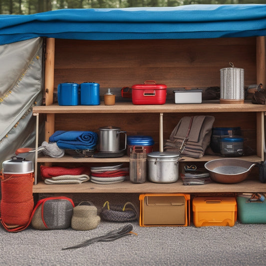 A clutter-free campsite with a portable storage crate, labeled compartments, and a hanging organizer system, showcasing a neatly arranged collection of camping tools, ropes, and accessories.