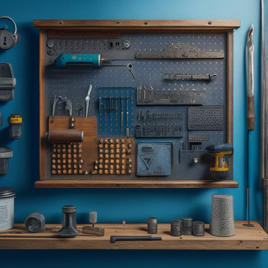 A pegboard with various custom tool holders, including a drill bit organizer, a hammer hook, and a small parts tray, all made from wood and metal, with a subtle workshop background.