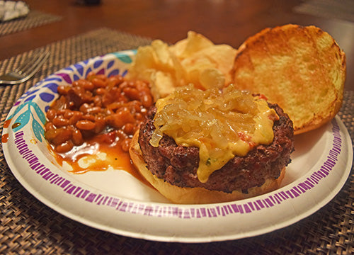 A Pimento Cheese Burger And BBQ Baked Beans