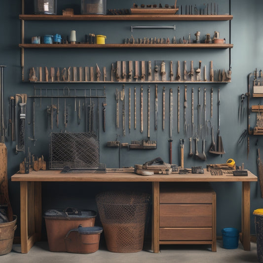 A well-organized workshop with a large, wall-mounted metal pegboard filled with hanging tools, bins, and accessories, surrounded by a wooden workbench and a few scattered tools on the floor.