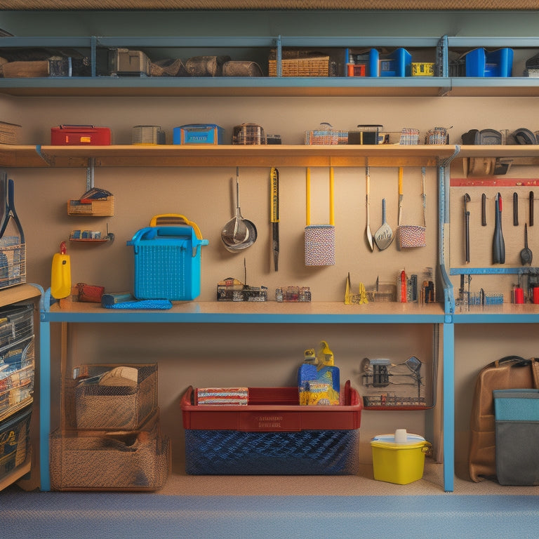 A tidy small garage with a pegboard on the back wall, holding various tools and accessories, adjacent to a compact shelving unit with labeled bins and a rolling toolbox on the floor.