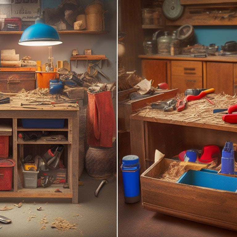 A cluttered woodworking bench with scattered tools and wood shavings, next to a tidy and organized workstation with labeled bins and a "before and after" split-screen effect.