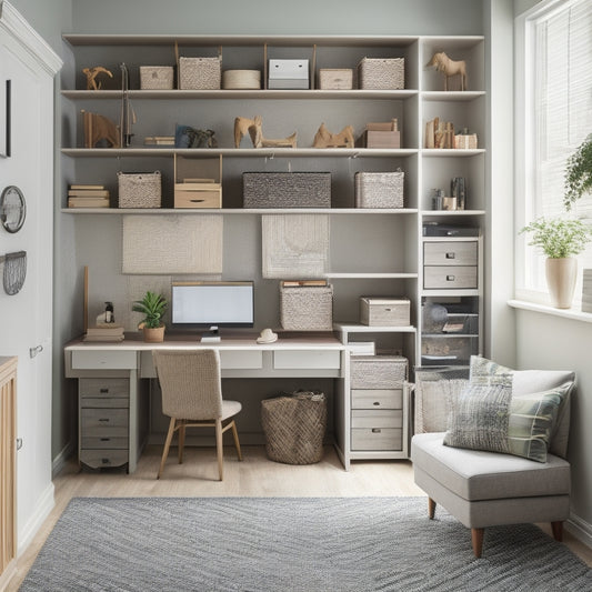 A minimalist, 8x8 foot room with a Murphy bed, wall-mounted shelves, and a compact desk, showcasing clever storage solutions like woven baskets, stackable crates, and multi-tiered shoe organizers.