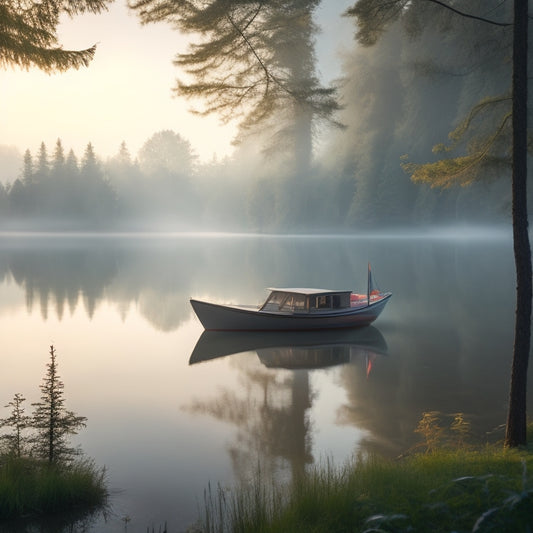 A serene lake at dawn, misty fog rising, reflected sunbeams dancing across the water, a small sailboat and a kayak moored to a wooden dock, surrounded by lush greenery and tall trees.