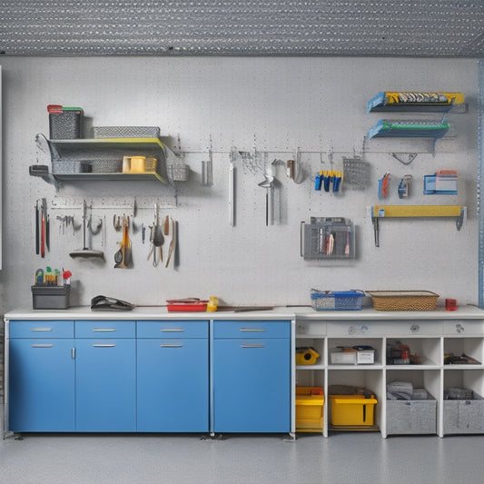 A sleek, modern garage interior with a large, wall-mounted steel pegboard, adorned with neatly organized tools and accessories, suspended from hooks and bins of varying sizes, surrounded by a tidy workbench and polished concrete floor.