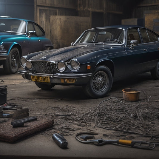 A worn, rusty classic Jaguar XJS key rests on a cracked, black leather-bound car manual, surrounded by scattered tools and a few stray wires, against a dark, gritty garage backdrop.