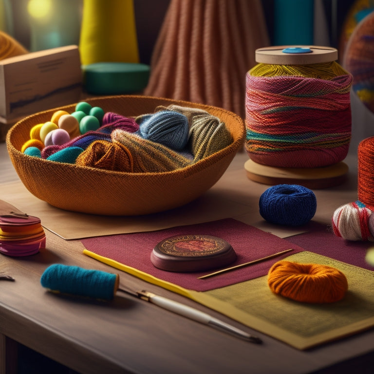 A stylized, modern illustration of a wooden craft desk cluttered with colorful threads, yarns, and fabric scraps, with a subtle golden light and a waiting list clipboard in the center.