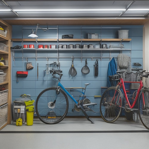 A well-organized garage with a sturdy workbench against a wall, surrounded by floor-to-ceiling storage units, hooks, and bins, with a few tools and a bicycle neatly arranged.