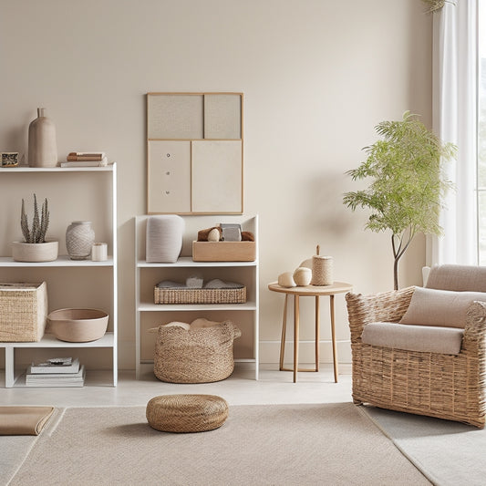 A serene, well-lit living room with minimalist decor, featuring a sleek, wall-mounted shelving unit, a woven storage basket, and a compact, multi-tiered storage ottoman in a calming beige color scheme.