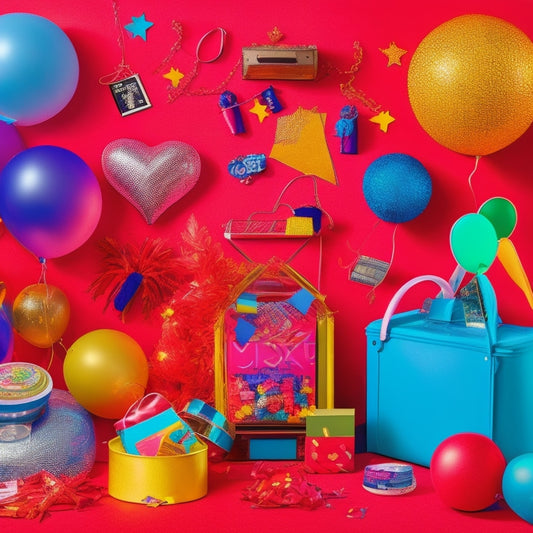 A vibrant, colorful illustration featuring a large, red sale tag surrounded by assorted products from different categories, including electronics, fashion, home goods, and toys, with confetti and balloons in the background.