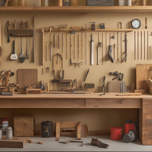 A clutter-free woodshop with a organized workbench, a wall-mounted pegboard with labeled tools, a timer on the wall, and a few projects in progress, surrounded by a subtle background of wooden textures.