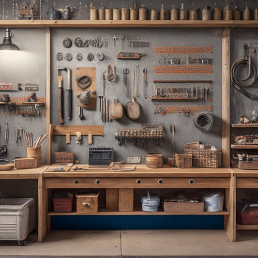 A tidy workshop with a wooden pegboard mounted on a wall, adorned with various hooks, bins, and tools, showcasing organized storage and efficient workspace management.