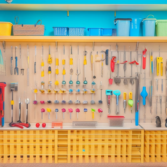 A pegboard with a mix of tools and accessories, such as wrenches, hammers, and screwdrivers, surrounded by empty hooks and bins, with a set of colorful, sleek, and modern accessories (bins, hooks, and dividers) laid out in front, waiting to be installed.