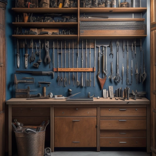 A tidy garage workshop with a wooden cabinet tool organizer, its doors open to reveal rows of neatly arranged wrenches, pliers, screwdrivers, and hammers, with a few tools suspended from hooks.