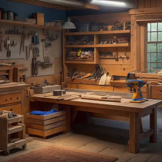 A clutter-free woodworking shop with a well-organized workbench, safety goggles hung on a pegboard, and a tape measure coiled neatly beside a sharp chisel, surrounded by a faint hint of wood shavings.