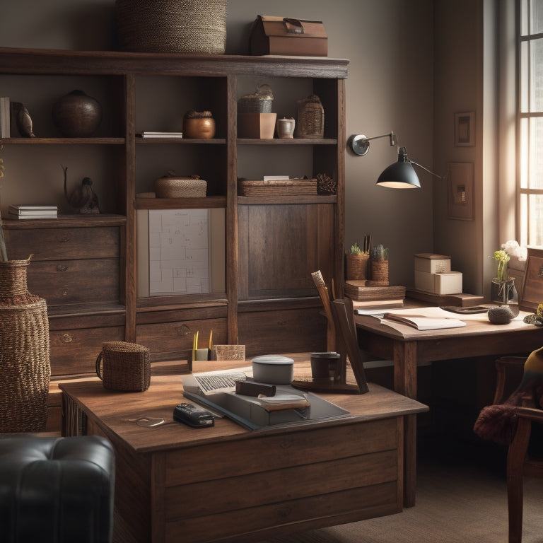 A cozy, well-organized home office with a wooden desk, surrounded by five different wooden storage bins in various shapes and sizes, each filled with neatly arranged office supplies.