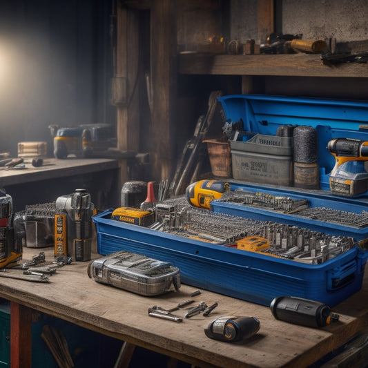 A cluttered workshop with scattered drill bits and batteries, contrasted with a tidy workspace featuring a custom storage case with labeled compartments and a cordless drill neatly organized within.