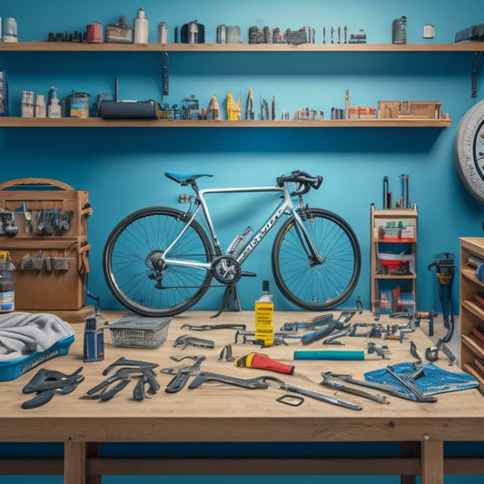 A clutter-free workbench with a bicycle upside down, surrounded by neatly arranged essential maintenance tools, including a pump, wrench, pliers, and lubricant bottles, against a clean, light-gray background.