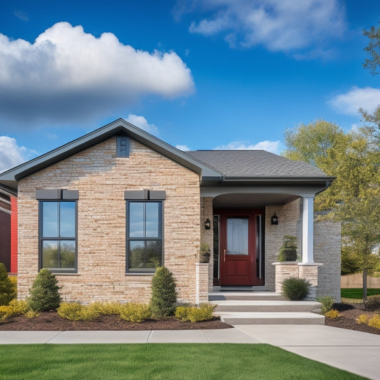 A modern suburban home exterior with a brick façade, featuring a sleek, silver wall mount mailbox with a slight curvature and a red flag, against a bright blue sky with fluffy white clouds.