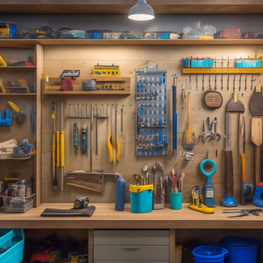 A tidy tool closet with a pegboard on the back wall, hooks holding wrenches and hammers, a shelving unit with labeled bins, and a workbench with a vice and a few neatly arranged tools.