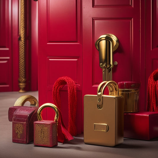 An image of a bundle of various door locks in different shapes, sizes, and finishes, tied together with a red ribbon and a price tag with a bold, red slash through the original price.