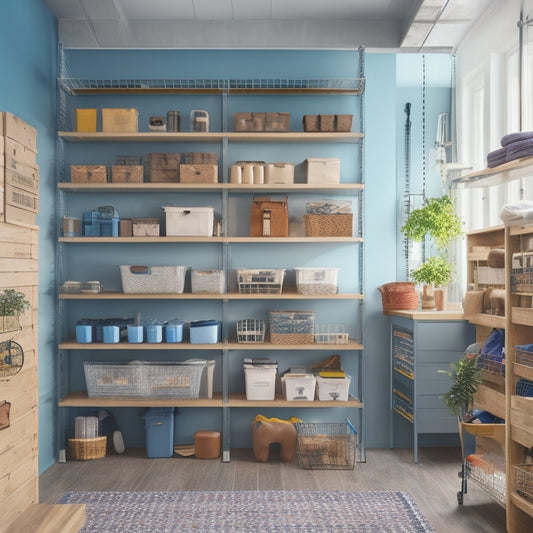 A clutter-free small shop interior with shelves, bins, and hooks organized by category, a pegboard with tools, and a rolling ladder against a floor-to-ceiling storage unit.