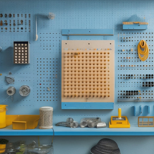 A pegboard with various hooks of different shapes, sizes, and materials, such as metal, plastic, and rubber, arranged in a visually appealing and organized manner, with a subtle workshop background.