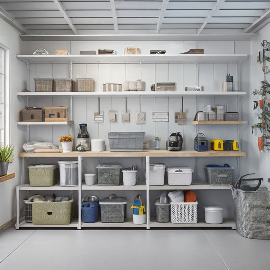 A tidy, well-lit small garage with three-tiered shelving units, baskets, and bins in a soothing gray and white color scheme, showcasing organized tools, storage containers, and a few decorative items.