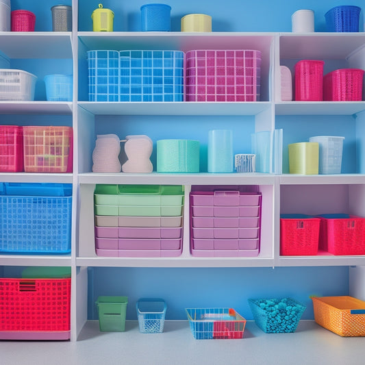 A vibrant and clutter-free room with assorted colorful plastic storage bins of various shapes and sizes, arranged artfully on shelves and on the floor, against a soft white background.