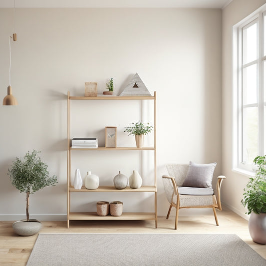 A serene, minimalist living room with three small shelving units: a wooden ladder shelf beside a window, a floating wall shelf above a console table, and a compact cube shelf in a corner.