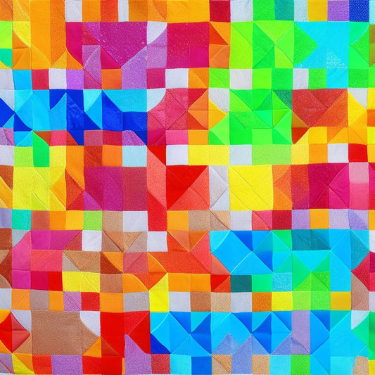 An abstract composition featuring a vibrant, multi-colored grid of interlocking blocks, showcasing diverse row quilting patterns, including chevrons, hexagons, and geometric shapes, set against a crisp white background.