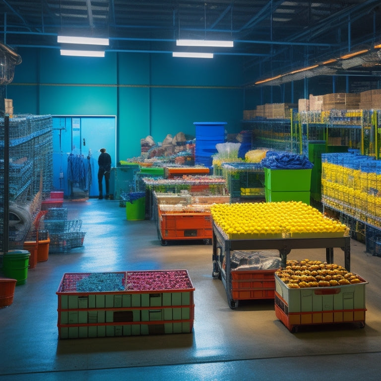 A colorful, well-organized factory floor with labeled storage bins, a tidy workbench, and a worker in the background, surrounded by minimal clutter, with a subtle glow of LED lighting.