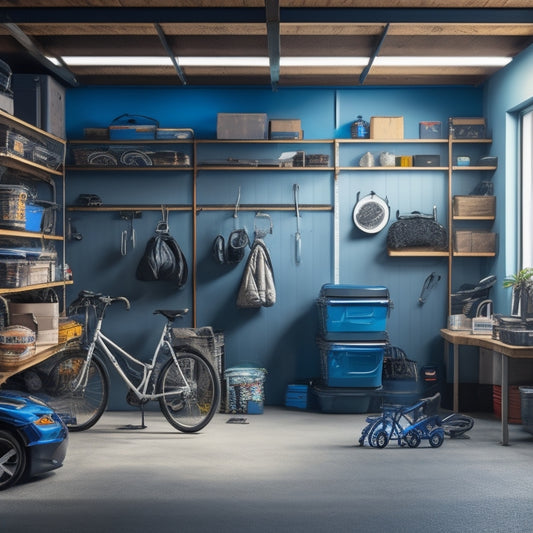 A cluttered garage with scattered tools, bicycles, and boxes, contrasted with a sleek, organized section featuring a slatwall with hooks, bins, and a modular shelving system, with a faint outline of a car in the background.