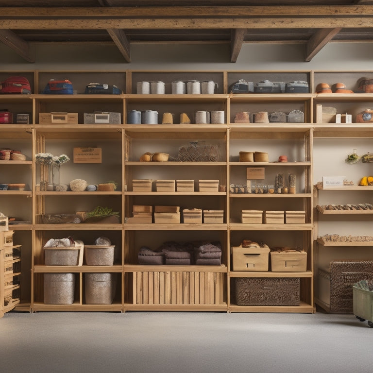 A well-organized garage with three rows of wooden shelving units, each holding 3-4 storage totes of varying sizes, with some totes labeled and others open to reveal contents.