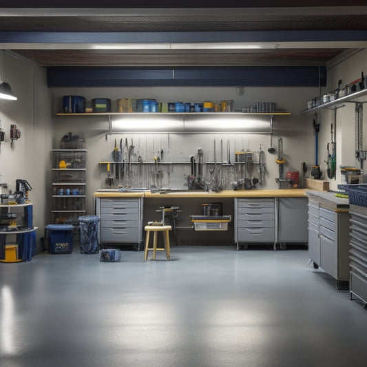 A well-organized garage workshop with 10 tool benches, each with a unique design and storage system, surrounded by neatly arranged tools and equipment, with a clean and sleek concrete floor.