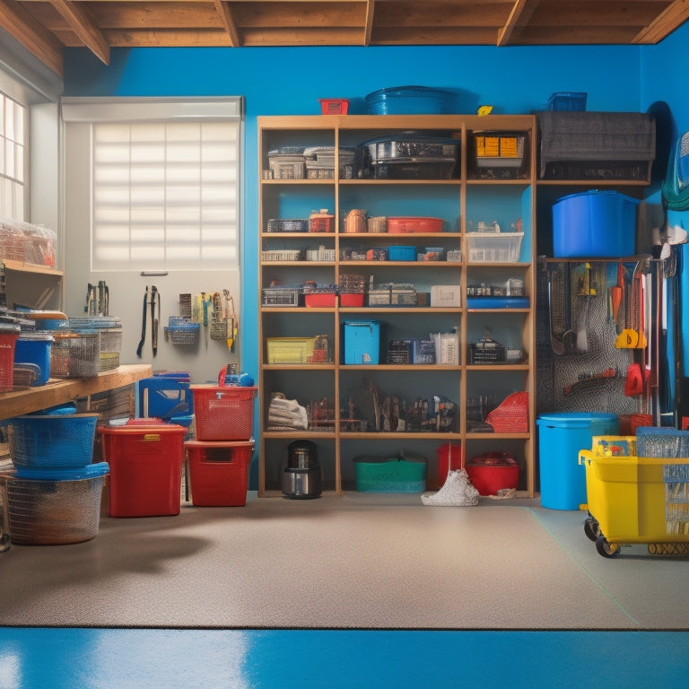 A cluttered garage transforms into an organized space with rows of stacked, translucent storage totes in various sizes, surrounded by neatly hung tools and a sleek, epoxy-coated floor.