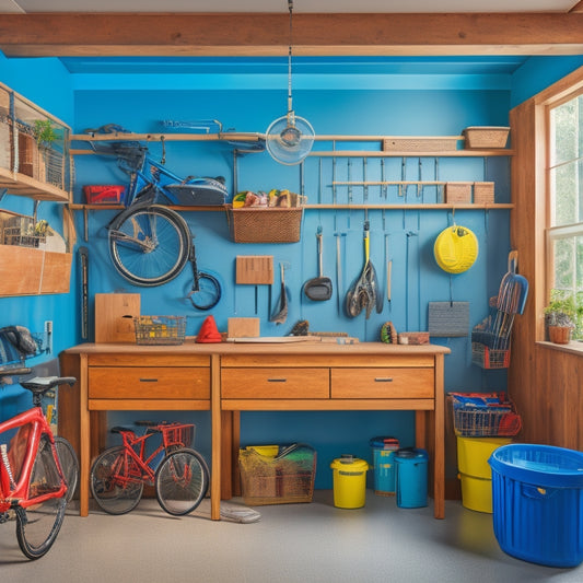 A well-organized garage with a pegboard displaying tools, baskets, and bins, surrounded by a workbench, cabinets, and bicycles hung from the ceiling, with a sports equipment corner and a few balls on the floor.