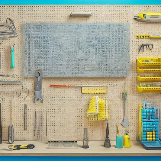 A clutter-free pegboard with neatly organized tools, wires, and accessories, including a drill, pliers, and screwdrivers, surrounded by empty space, with a subtle grid pattern in the background.