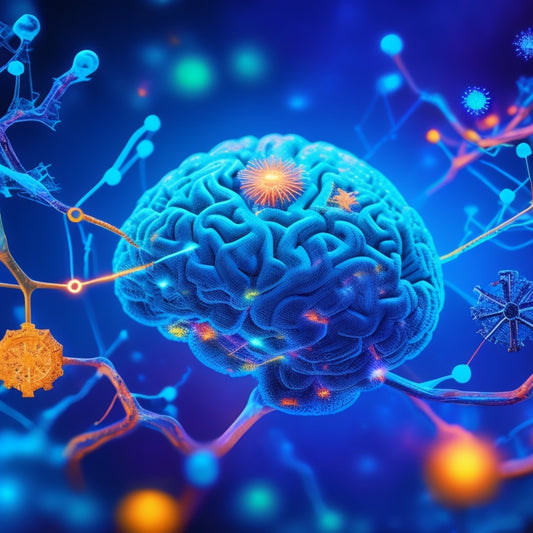 A vibrant, futuristic illustration of intersecting brain neurons, glowing blue and orange, surrounded by floating, swirling fragments of puzzle pieces, gears, and sparkles, set against a dark, gradient blue background.