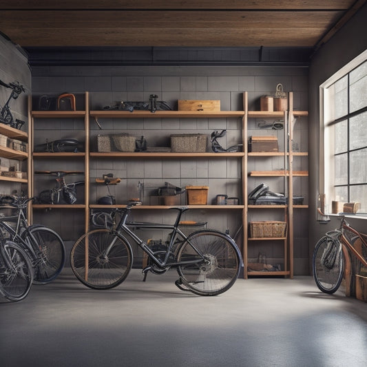 A well-lit garage interior with wooden shelves, cabinets, and hooks, showcasing organized storage of bicycles, tools, and sports equipment, surrounded by a clean and polished concrete floor.