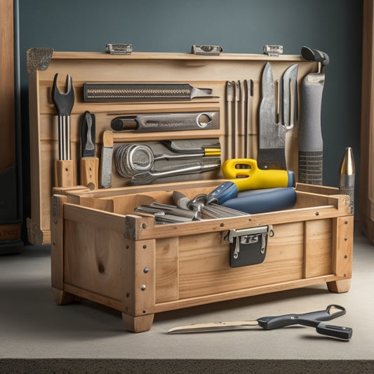 A well-organized, wooden tool box with a sliding top, filled with a variety of essential tools, including a hammer, tape measure, level, pliers, screwdrivers, and wrenches, against a clean, gray background.