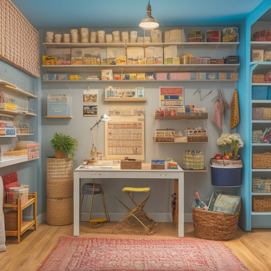 A serene, well-lit craft room with a pegboard wall, labeled bins, and a repurposed ladder shelving unit, surrounded by neatly arranged art supplies and a few inspirational fabric swatches.