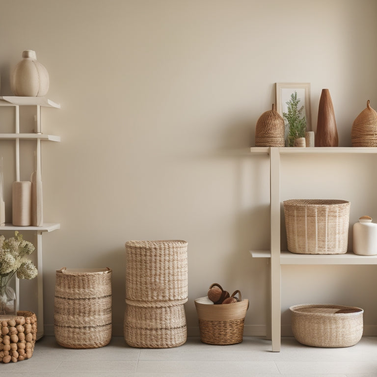 A serene, minimalist interior scene featuring a compact, two-toned shelving unit against a soft, cream-colored wall, with woven baskets, wooden crates, and a few carefully placed decorative objects.