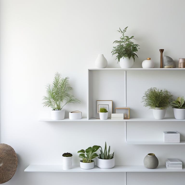 A minimalist, white-walled room with a sleek, wall-mounted shelving unit featuring five rectangular shelves in varying lengths, holding decorative vases, books, and a few potted plants.