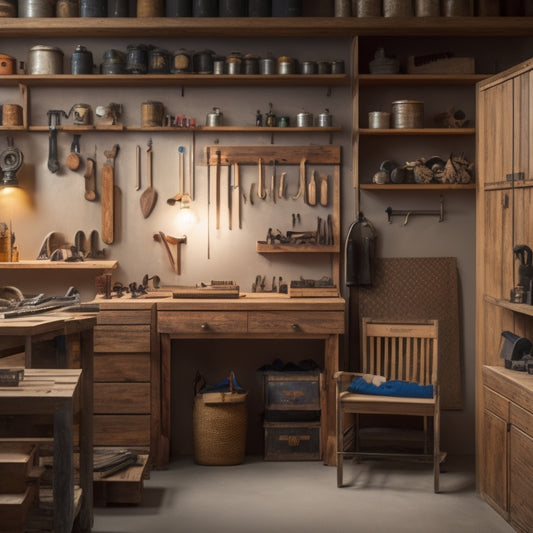 A well-organized woodworking shop with a pegboard displaying neatly hung tools, a labeled storage cabinet with stacked wooden crates, and a workbench with a custom-made tool tray and a few strategically placed hooks.
