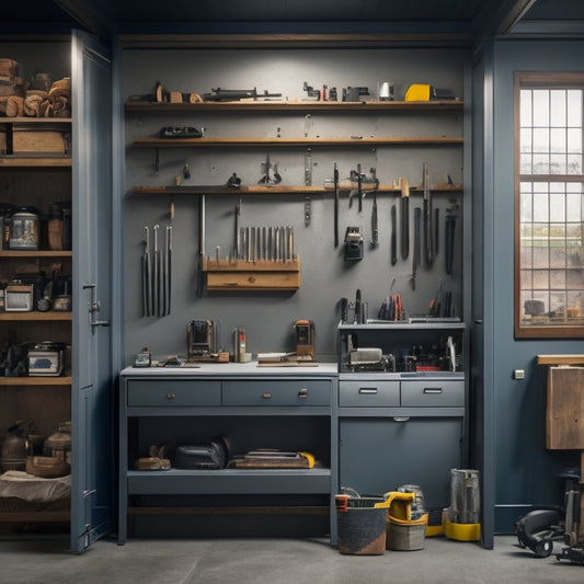 A tidy workshop with a central, wall-mounted tool cabinet featuring sliding drawers, pegboard backing, and a built-in vice, surrounded by a neatly organized array of hand tools and power tools.