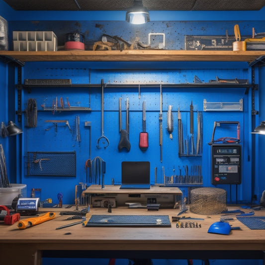 A clutter-free, well-lit workshop background with a central, organized pegboard displaying a variety of colorful tools, including pliers, screwdrivers, and wrenches, surrounded by a 3D printer, laptop, and scattered blueprints.