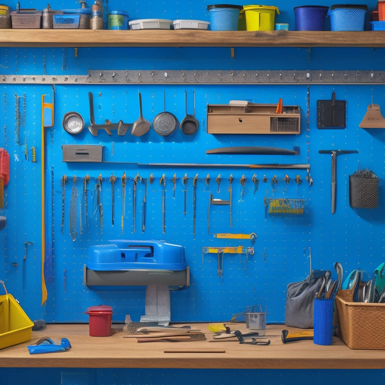 A compact, wall-mounted pegboard with a mix of small and large hooks, baskets, and bins, surrounded by a cluttered tiny room with a workbench, toolbox, and scattered tools in the background.