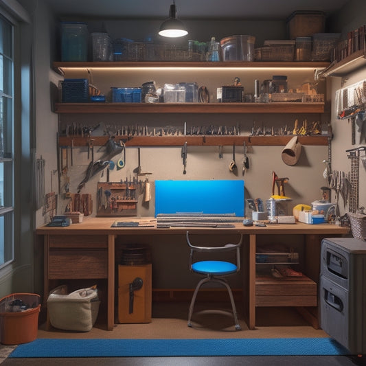 A clutter-free workshop in a small apartment, with a wall-mounted pegboard, a compact workbench, and a slide-out tool cabinet, illuminated by a single, overhead LED light.