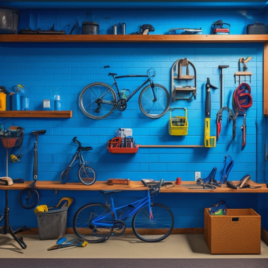 A clutter-free small garage with a pegboard on the wall, holding various tools and accessories, surrounded by a few bicycles and a compact workbench with a vice attached.